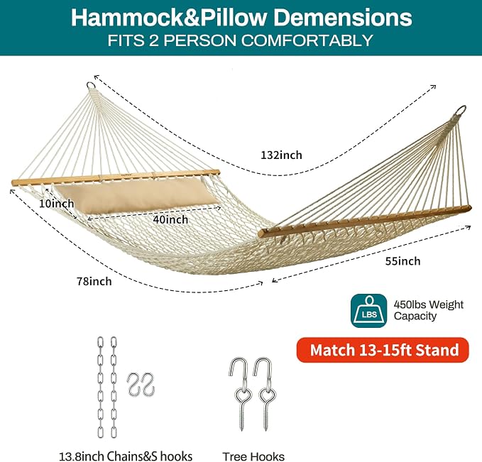JoyView Traditional Rope Double Hammock - Hand Woven Cotton Hammock with Hardwood Spreader Bar and Pillow 450lb Capacity for Outdoor Indoor Patio Yard - Natural