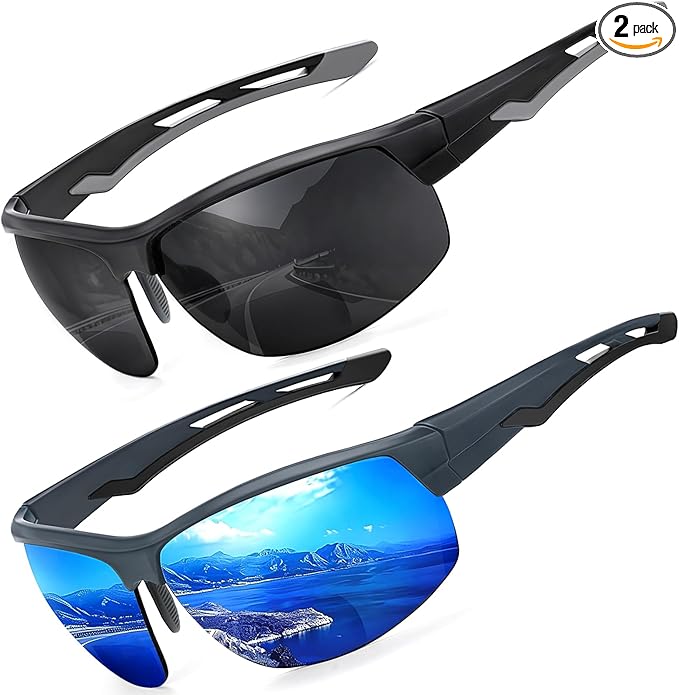 Missfive 2 Pack Mens Preferred Bifocal Sunglasses with Readers Built in, Sporty Semi-Rimless Wrap Dark Reading Glasses UV400 Protection, Adjustable Nose Pad Sun Reader for Outdoor/Driving +1.25