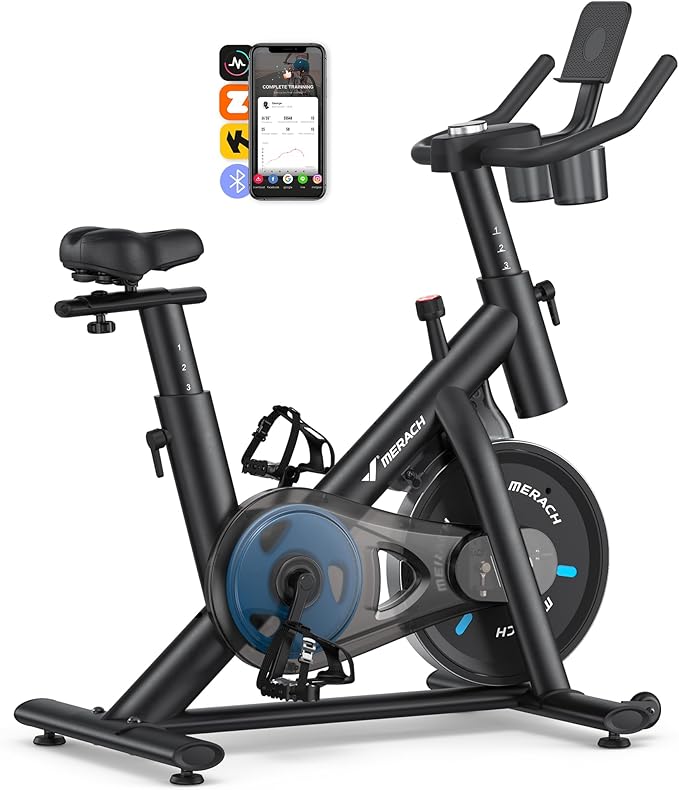 Merach Exercise Bike, Magnetic Friction Stationary Bike with Brake Pad and Exclusive App, Low Noise Indoor Cycling Bike with 300lbs Weight Capacity, Tablet Mount and Fitness Courses for Weight Loss