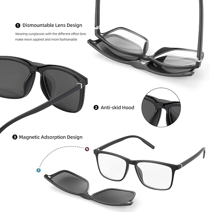 JIM HALO Magnetic 5Pcs Polarized Clip-on Sunglasses Plastic Frame for Night Driving