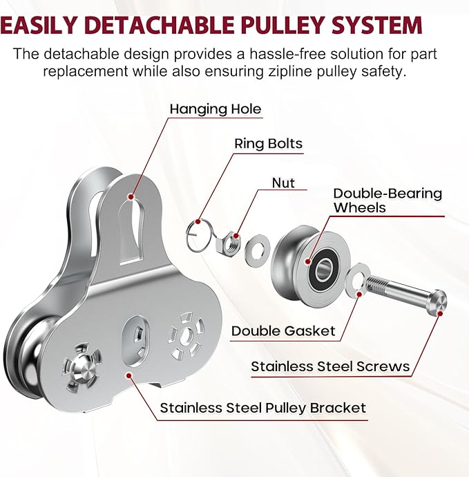 Zipline Pulley, 304 Stainless Steel Tandem Speed Double Pulley for 1/4 5/16 3/8 Cable Backyard Zipline, Hauling, Rigging and Commercial Purposes