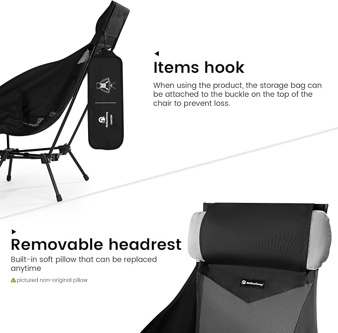 MellowCamp Folding High Back Camping Chair with Pillow, Portable Lightweight Chair Supports 374 lbs for Car Camping, RV, Tailgating, Beach, Fire Pit, Festival (Black)