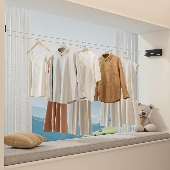Retractable Clothesline Indoor, Non-Sagging Clothes line retracting Outdoor, Heavy Duty Wall Mounted Laundry Line Adjustable Stainless Steel for Laundryroom, Bathroom, 15.8 Feets Double Lines Black