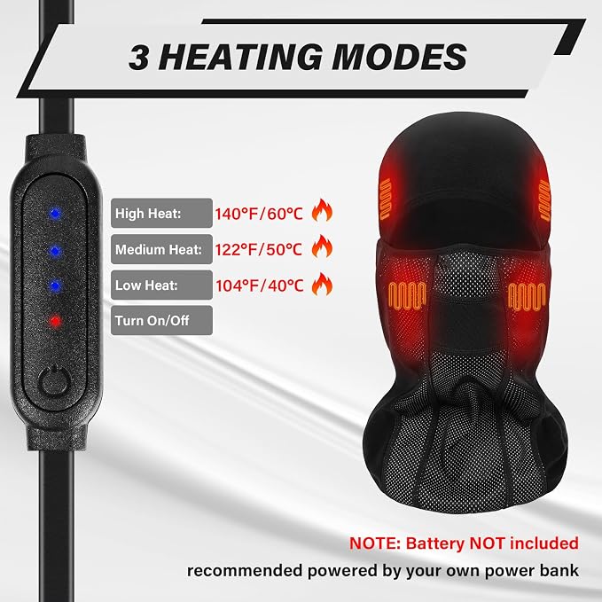 Heated Balaclava Women Men, Fleece Ski Mask Balaclava Winter Shiesty Mask Wire Control for Football Motorcycle Hunting Cycling Snowboarding Black (No Battery)