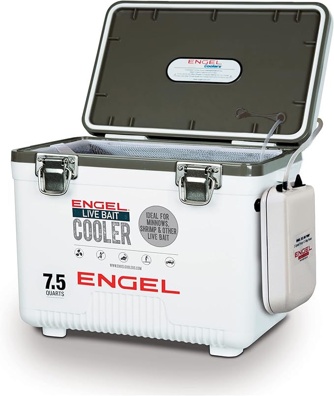 Engel Live Bait Cooler Box with 2nd Gen 2-Speed Aerator Pump - Portable Fishing Station & Minnow Bucket for Shrimp & Other Live Fish with Aerator - ENGLBC-N