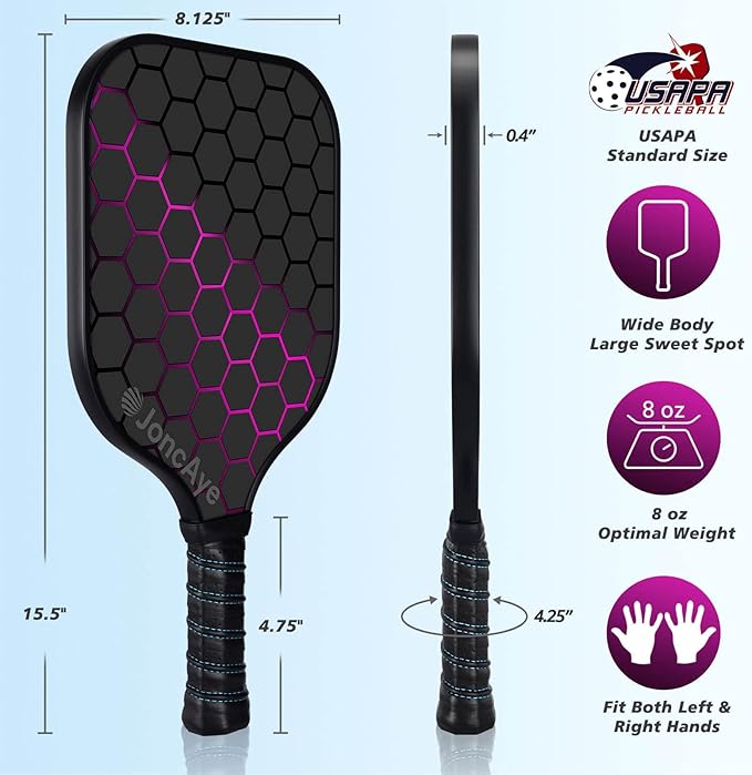 JoncAye Pickleball Paddles Set of 4 or 2, USAPA Approved Fiberglass Rackets with Outdoor Indoor Balls, Bag, Overgrip, Lightweight for Family, Professional Equipment for Beginners Intermediate