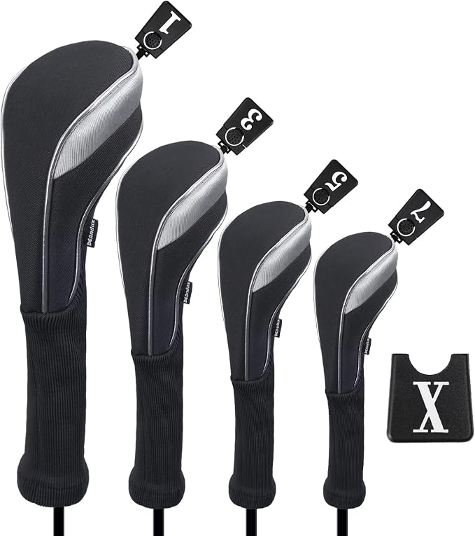 Andux 4pcs/Set Nylon Golf Wood Club Head Covers with Long Neck | for 460cc Driver Fairway Wood Club Silver Piping Pull-On Closure