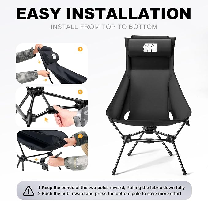 High Back Camping Chairs for Adults Heavy Duty, Portable Folding Camp Chair with Headrest & Side Pockets, Compact Backpacking Chair Supports 330 Lbs for Outdoor Travel Hiking Beach, Black