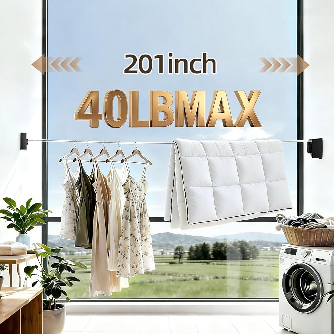 Anti-Sag Retractable Clothesline 40LB Capacity - 201in Stainless Steel Laundry Line for Indoor Outdoor, Wall Mounted Space Saving Easy Install (Black, Single line)