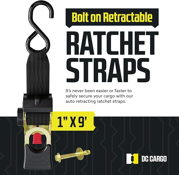 DC Cargo Mall Bolt-on Auto Retractable Ratchet Straps (2-Pack) 1” x 9ft, Heavy Duty, 1,200lb Break Strength – Tie Down Straps for Boat, Jet Ski, RZR, ATV