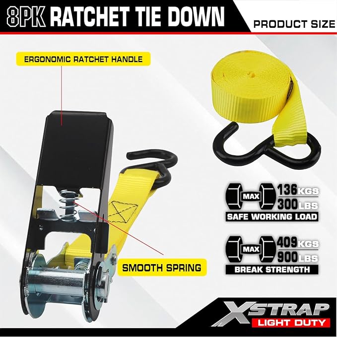 XSTRAP STANDARD 8-Pack Ratchet Tie Down Straps, 1" x 10ft, 900lb Break Strength Heavy Duty Straps for Motorcycles, ATVs, Lawn Equipment, Appliances & Truck Cargo - Yellow