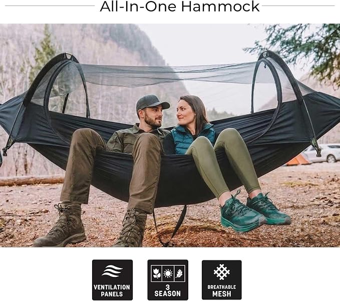 Flat Lay Camping Hammock Tent with Mosquito Net & RainFly, 3 in 1 Waterproof Lightweight Portable Sleeping Hammock Bug, Travel Outdoor Gear with Tree Strap Swing, for Hiking Patio Expedition