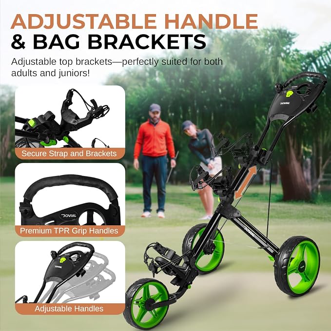 JOVIAL Foldable 3 Wheel Junior Golf Push Cart, Lightweight Aluminum Pull Cart with Deluxe Scorecard Holder, Adjustable Handle, Quick Brake System, Compact Folding Golf Trolley with Strap Support