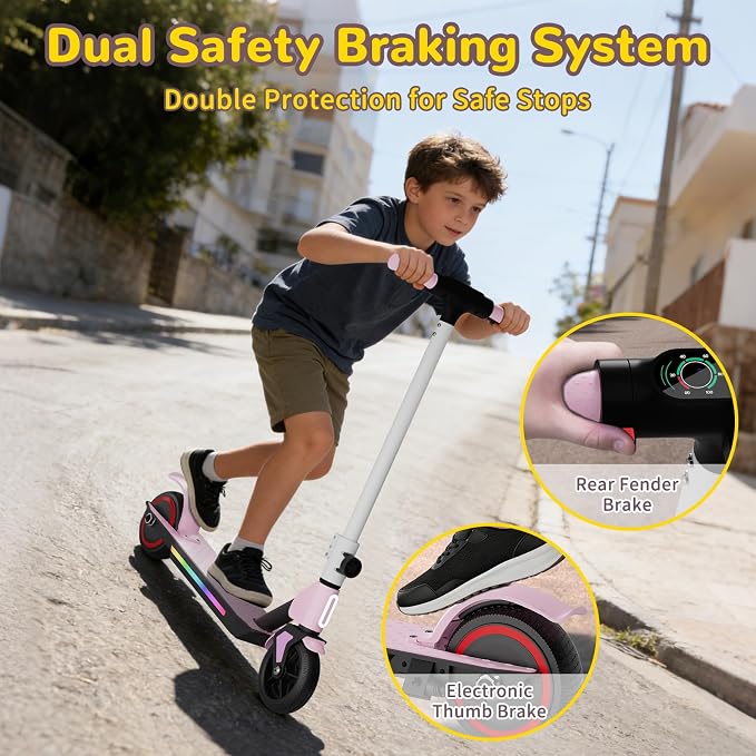 SIMATE Electric Scooter for Kids 6-14, Colorful Lights & Double Brake System, Aluminum Alloy Frame, Foldable, LED Display, for Boys Girls
