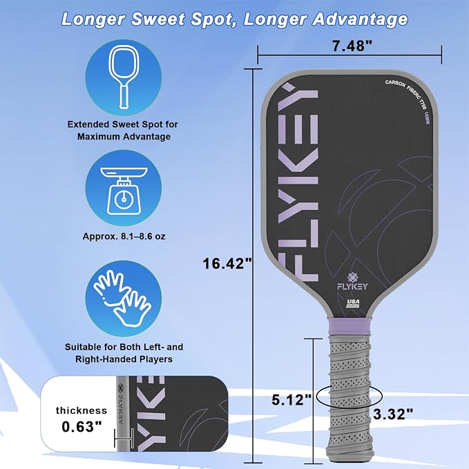 FLYKEY Pickleball Paddles, T700 Carbon Fiber Pickleball Paddle with a 16mm Shark Power Polymer Core, USAPA Approved Pickle Ball Paddle, Strong Spin and Power Surface,Strong Shock Absorption