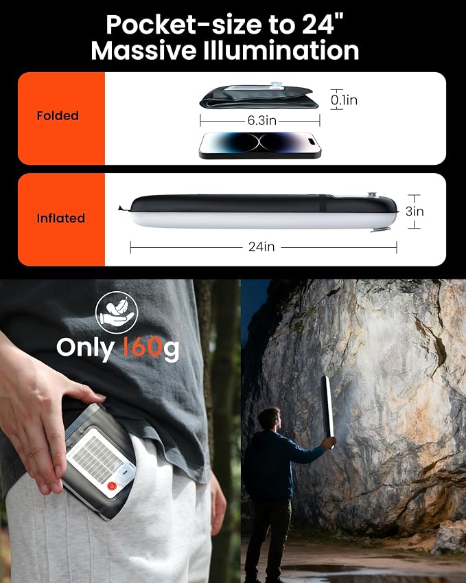 24" Inflatable Solar Camping Lantern,Magnetic LED Tube Light with USB-C 2000mAh Phone Charger,IP66 Waterproof TPU Tent Light for Hurricane Emergency,Backpacking & Off-Grid Survival (Black)