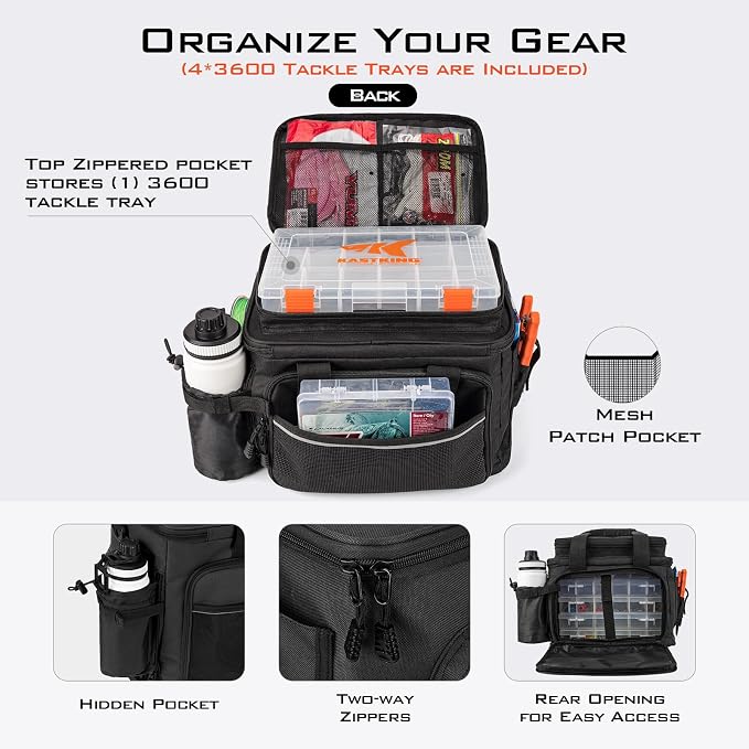 KastKing Karryall with Box Tackle Bag, Saltwater & Freshwater Gear Storage | 4 x 3600 Tackle Trays are included, Water-resistant, Padded Shoulder Strap, 20L, Store up to (6) 3600 size Lure Boxes