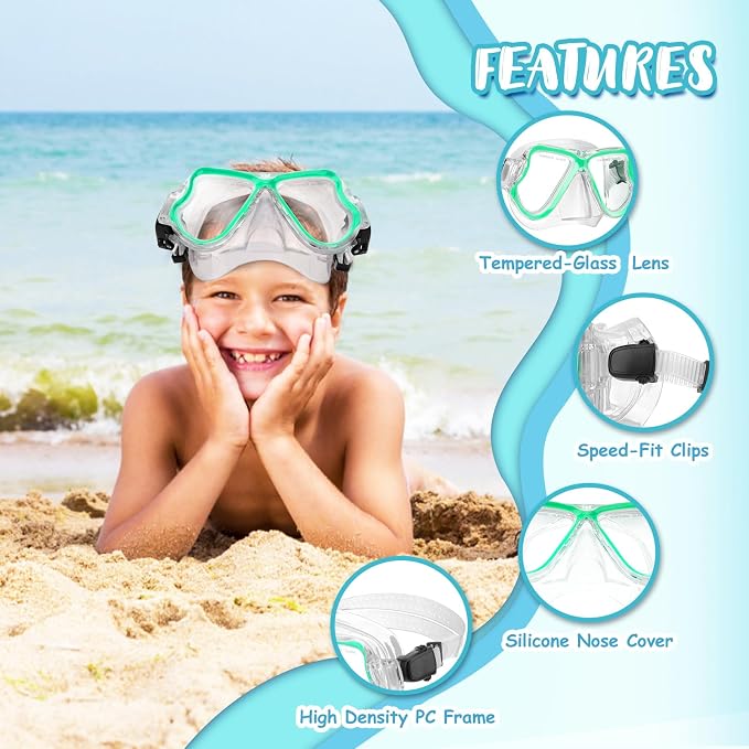 Snorkeling Gear for Kids, 4 in 1 Child Mask Fins Snorkel Set with Panoramic View Anti Fog Mask, Dry Top Snorkel, Trek Fins and Travel Bag, Kids Snorkeling Set with Fins for Snorkeling Swimming