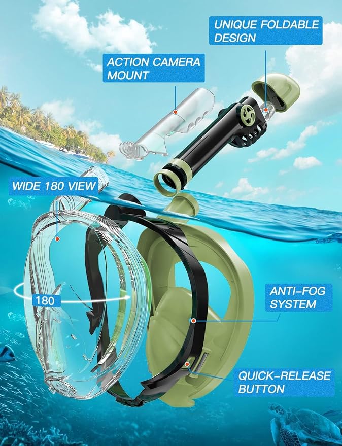 Full Face Snorkel Mask for Adults, 180° Panoramic Anti-Fog Snorkeling Gear with Dry Top System & Camera Mount, Foldable Anti-Leak Design for Travel, Swimming & Ocean Snorkeling
