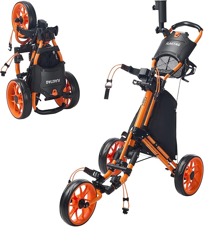 FLAGTAG Golf Push Cart 3 Wheel,Foldable Golf Push Cart,Golf Bag Cart with Foot Brake,Umbrella Holder, Cup Holder, Storage Compartment