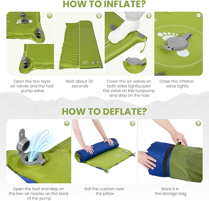 TEKIK Self Inflating Sleeping Pad, Ultra-Thick Memory Foam Sleeping Pad for Camping with Pillow, 20s Fast self Inflate&Deflate, 9.5 R-Value Insulated Camping Mattress, Suitable for Car Travel Tent