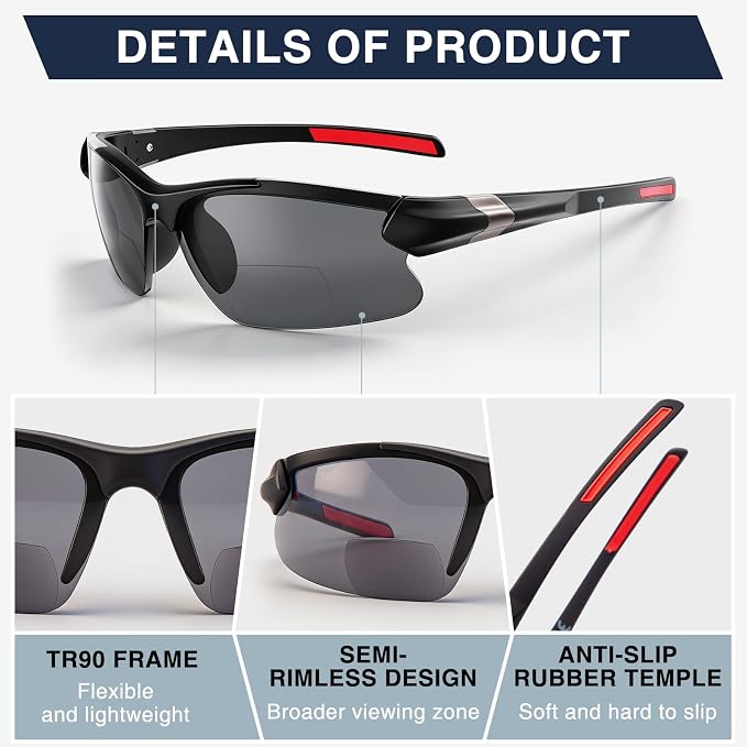 DEHOTRE 2 Pack Bifocal Reading Sunglasses Men TR90 Frame Wrap Around Sports Semi Rimless Sun Readers for Driving Golf Fishing