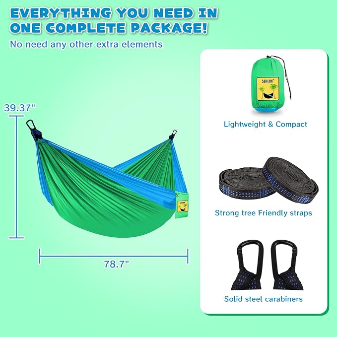 SZHLUX Kids Hammock - Kids Camping Gear, Camping Accessories with 2 Tree Straps and Carabiners for Indoor/Outdoor Use, Sapphire Blue & Grass Green