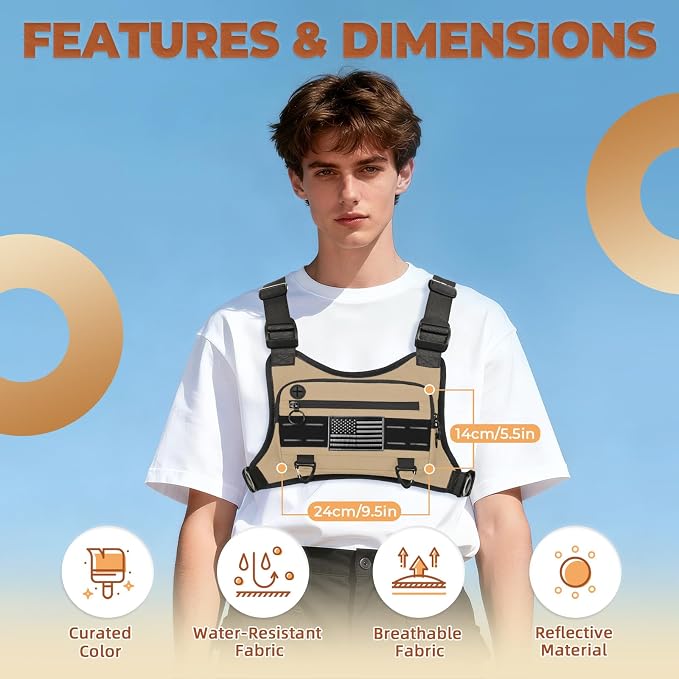 Muserise Sports Chest Bag For Men Women, Water Resistant Lightweight Front Chest Pack, Running Vest Bag With Built-In Phone Holder & Extra Storage For Workouts, Running, Cycling (Khaki)