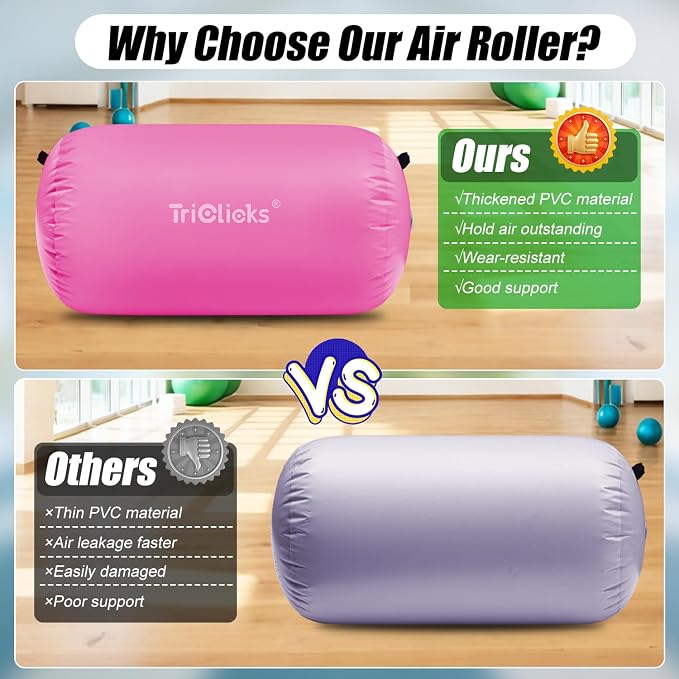 SUDOO Inflatable Air Roller Gymnastics Barrel Mat Tumbling Barrel Equipment for Backhandspring Training Roller for Cheerleading, Yoga, Dance, Home & Gym Use No Pump