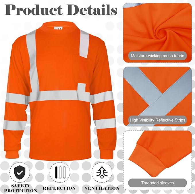 Amylove 4 Pcs Long Sleeve Safety Shirt High Visibility Reflective Construction Work Shirts for Men Women(XL,Orange, Black)