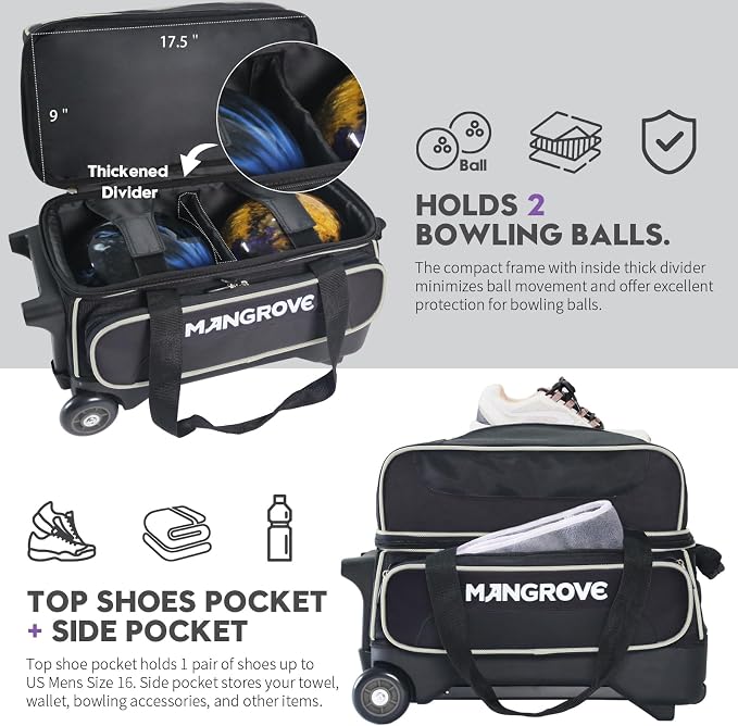 Mangrove 2 Ball Bowling Bag with Wheels, Double Bowling Bags 2 Ball Roller w/Separate Compartment for Bowling Shoes (Up To US Mens Size 15), Accessory Pocket & Retractable Handle Extends To 40"
