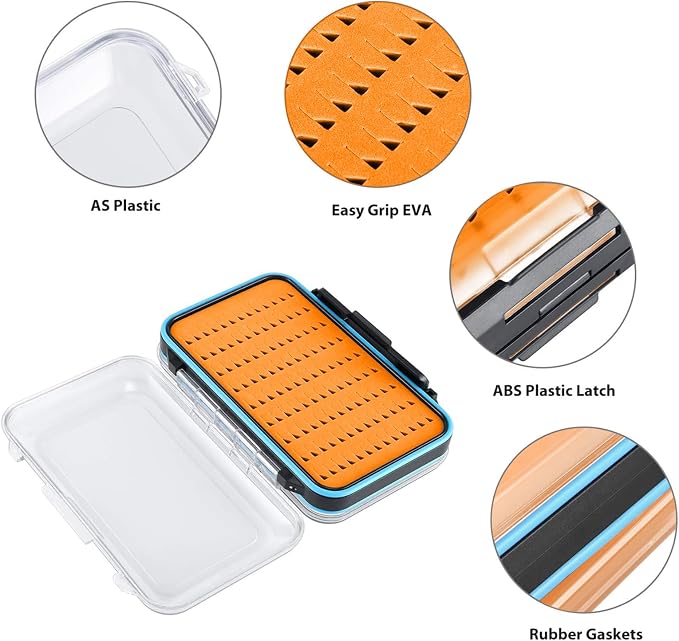 Gonex Fly Boxes for Fly Fishing Jig Boxes Two-Sided Waterproof Lightweight Fly Fishing Box Easy Grip Transparent Lid Fly Fishing Lures Box, 5.9"x 3.8"x 1.77", Orange