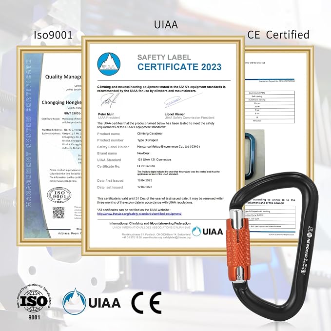 NewDoar 28KN UIAA & CE Certified Auto Climbing Carabiner Professional Heavy Duty Caribeaner for Rappelling D-Shaped