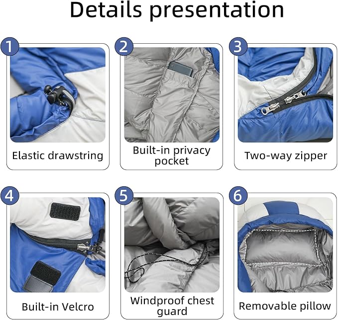 Down Sleeping Bag with Pillow, 0°F 20°F 32°F Regular and XL Compact Lightweight Sleeping Bag for Adults,Teens Backpacking,Camping and Hiking Outdoor