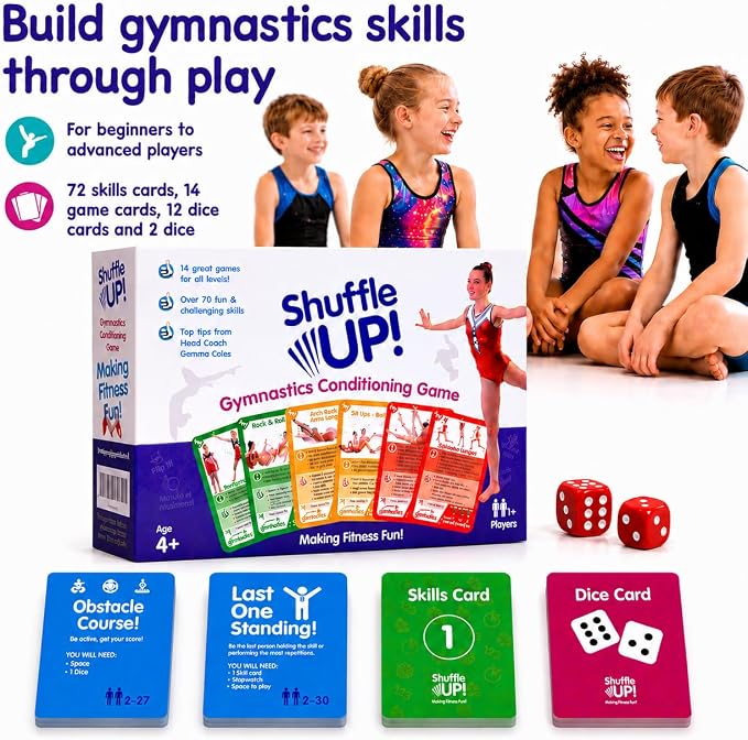 Shuffle Up Gymnastics Card Games - 70+ Fun & Active Skills Cards for Kids, Fitness Cards Develop Fundamentals, Stamina & Strength, Easy to Play for Kids | Multiple Skills Level Card Include 2 Dices