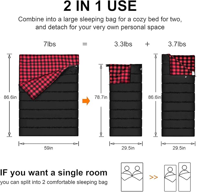 Cotton Flannel Double Sleeping Bag for Camping, Backpacking Or Hiking. Queen Size 2 Person Waterproof Sleeping Bag for Adults Or Teens. Lightweight with Compression Sack