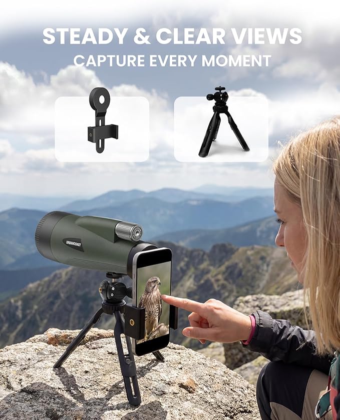 15x65 High Powered Monocular Telescope for Adults, UHD Large Objective Monocular with Smartphone Adapter & Tripod, BAK4 Prism, FMC Lens, Waterproof Telescope for Bird Watching, Stargazing