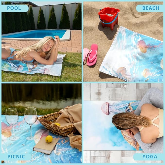 2 Pcs Microfiber Beach Towel Sand Free Quick Dry Oversized Lightweight Absorbent Jellyfish Underwater Life Pattern Blue Pink Orange Pool Towels for Adults Travel Swim 71 x 32 Inches