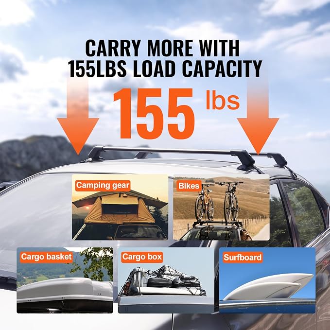 VEVOR Roof Rack Cross Bars, Aluminum Roof Rack Crossbars, Fit Roof Without Side Rail, 155 lbs Load Capacity, Adjustable Bare Roof Crossbars with Locks, for SUVs, Sedans, and Vans
