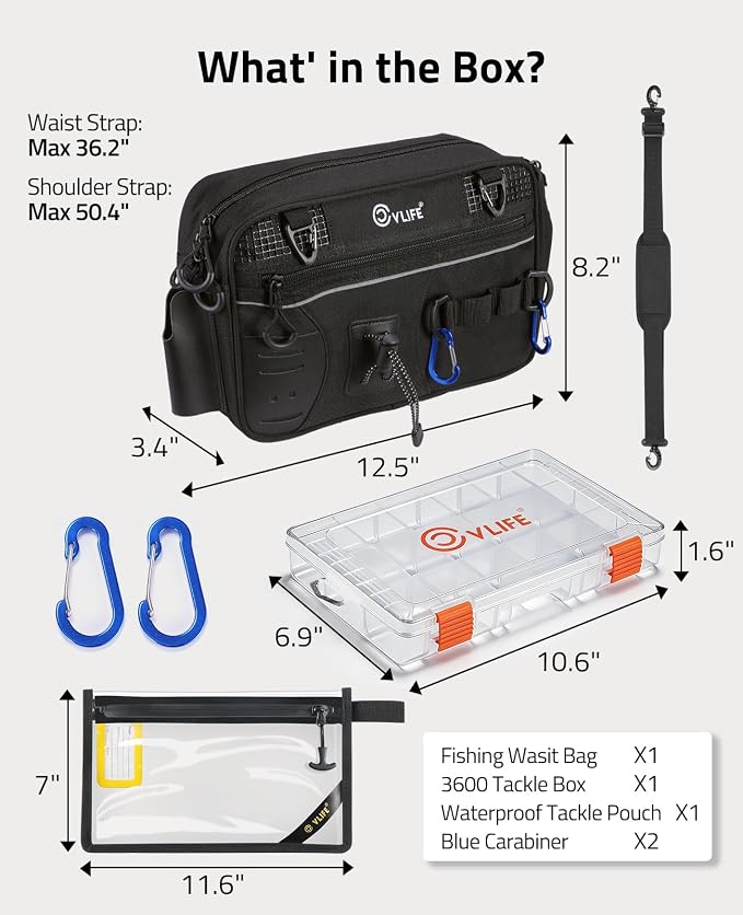 CVLIFE Fishing Tackle Bag Waist Pack with Rod Holder, Waterproof Fanny Pack | 900D Fabric, Convertible Carry, Detachable Shoulder Strap, Landing Net Holster, 3600 Tackle Box, Waterproof Pouch, Carabiners