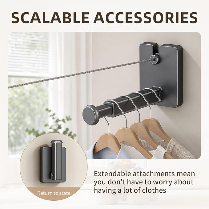 Anti-Sag Retractable Clothesline 40LB Capacity - 201in Stainless Steel Laundry Line for Indoor Outdoor, Wall Mounted Space Saving Easy Install (Gray, with Pole)
