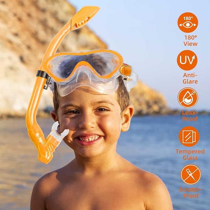 Kids Snorkeling Set - Adjustable Flippers + Panoramic Snorkel Mask + Dry Snorkel Tube + Travel Bags - Suitable for Kids & Juniors, Age 5-14