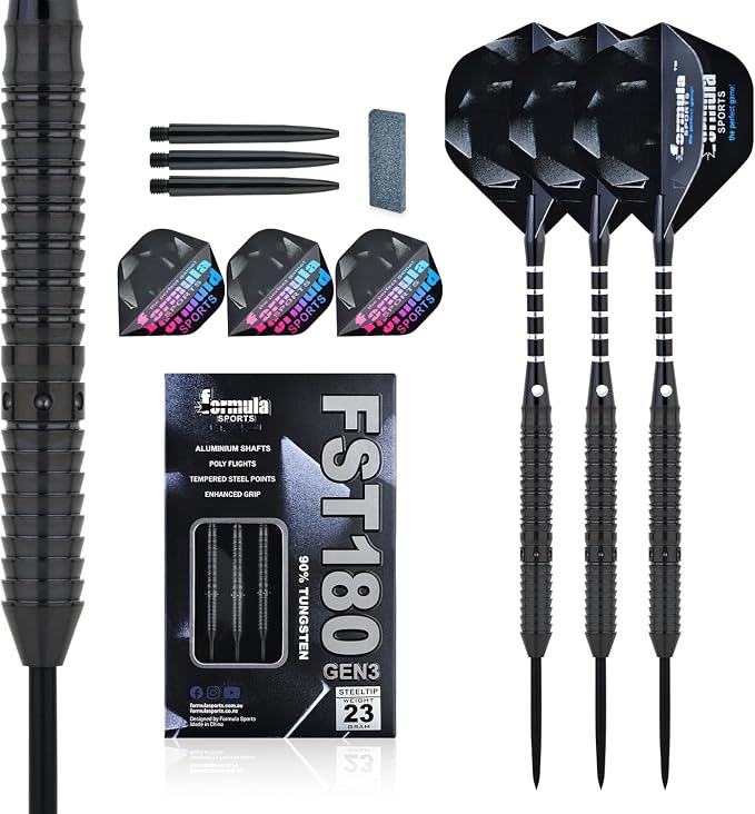 Formula Sports 90% Tungsten Darts Metal Tip Set - Professional Steel Tip Darts Set 21g/22g/23g/24g, with Aluminum Shafts, Tungsten Barrels, Dart Sharpener, Extra Flights