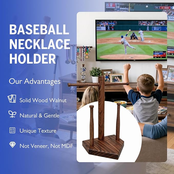 Walnut Baseball Ring Holder Wooden Baseball Softball Drip Necklace & Championship Ring Holder, Softball Jewelry Organizer Display, Solid Wood Baseball Necklace Holder Gift - 3 Rods + 1