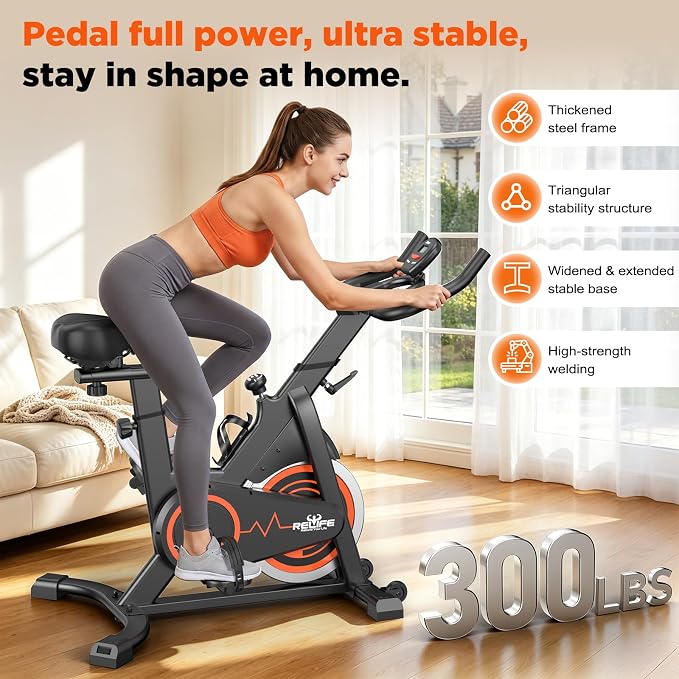 RELIFE REBUILD YOUR LIFE Exercise Bike Stationary for Home Indoor,Cycling Bike with Silent Belt Drive for Home Cardio,Brake Pad Resistance with djustable & Comfort Seat/PAD Holder/LCD Monitor.