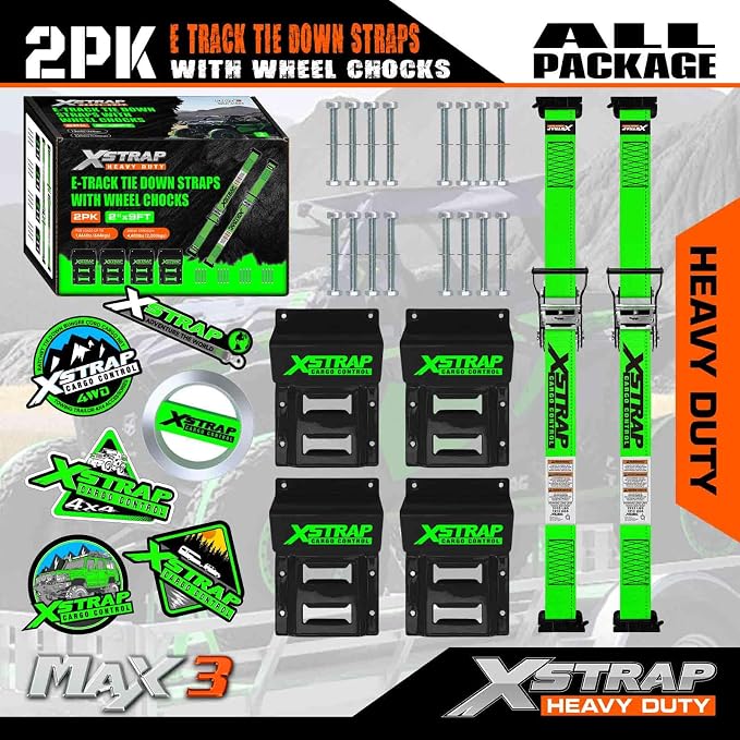 XSTRAP STANDARD Wheel Chock E-Track Tie Down Straps Kit, 2 Pack 2" x 9FT Over-The-Tire Ratchet Straps with Steel Wheel Chocks, 1466 lbs WLL for ATV, UTV, Lawn Mower, Trailer Hauling, Green