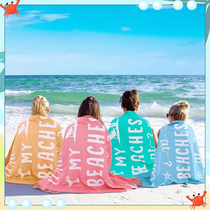 Patelai 4 Pcs Where My Beaches at Towels Girls Trip Gifts Lightweight Microfiber Oversized 35 x 70 Inches Towels Quick Dry Colorful Easy Pack for Swimming Pool Camping Women Adult Vacation