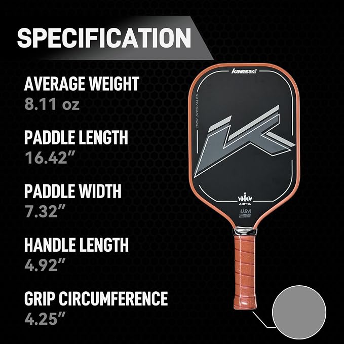 Pickleball Paddle, Kawasaki T700 Carbon Fiber (CFS)-USAPA Approved King Series Pickleball Racket 16mm for Tournament Level, with Cover Case/Grip