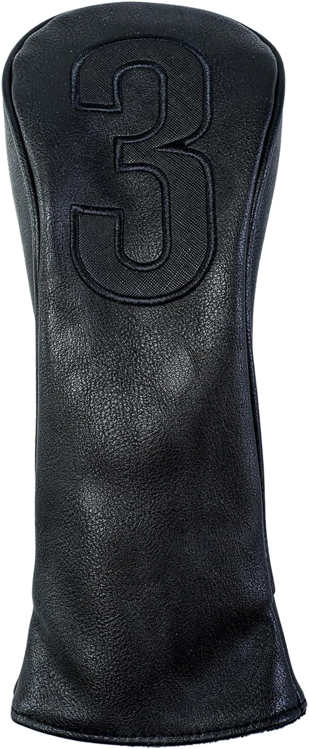Golf Club Covers – Blackout Leather Driver Headcover, Fairway Wood, 3 Wood, Hybrid, Fits Mallet Blade Putter Head Covers Alignment Stick Cover
