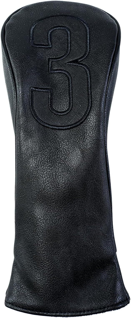 Golf Club Covers – Blackout Leather Driver Headcover, Fairway Wood, 3 Wood, Hybrid, Fits Mallet Blade Putter Head Covers Alignment Stick Cover